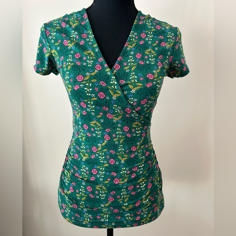 Boden green floral short sleeve faux wrap top